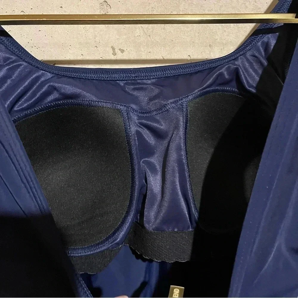 Womens 14 D Lands End Swimsuit Navy Blue Tank Built In Bra Full Cover One Piece